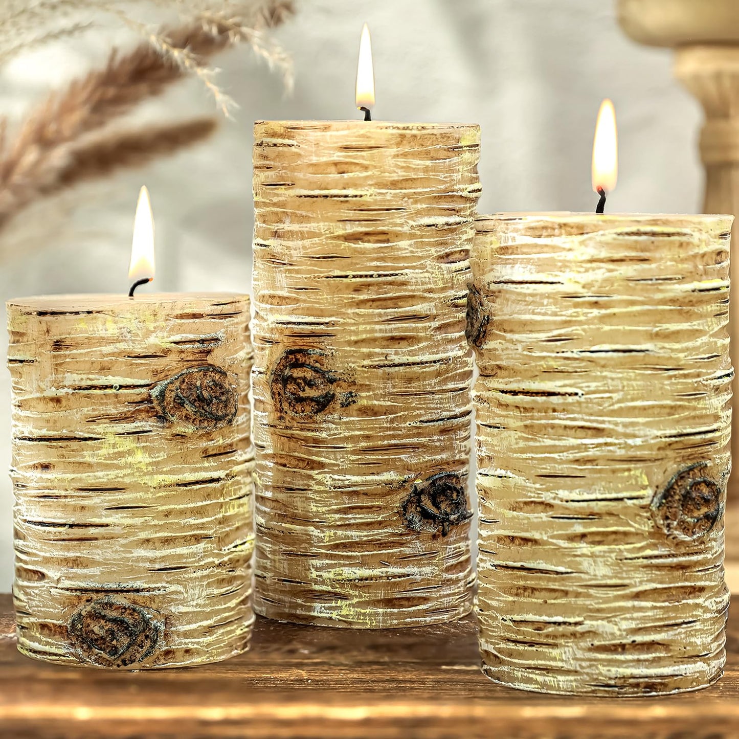 Birch Bark Texture Pillar Candles Set - Real Wax 3 Sizes (4", 5", 6" Tall) Rustic Decor Fireplace Candles, Unscented Woodland Style Pillar Candle for Modern Farmhouse, Dining Table, Holiday Decor