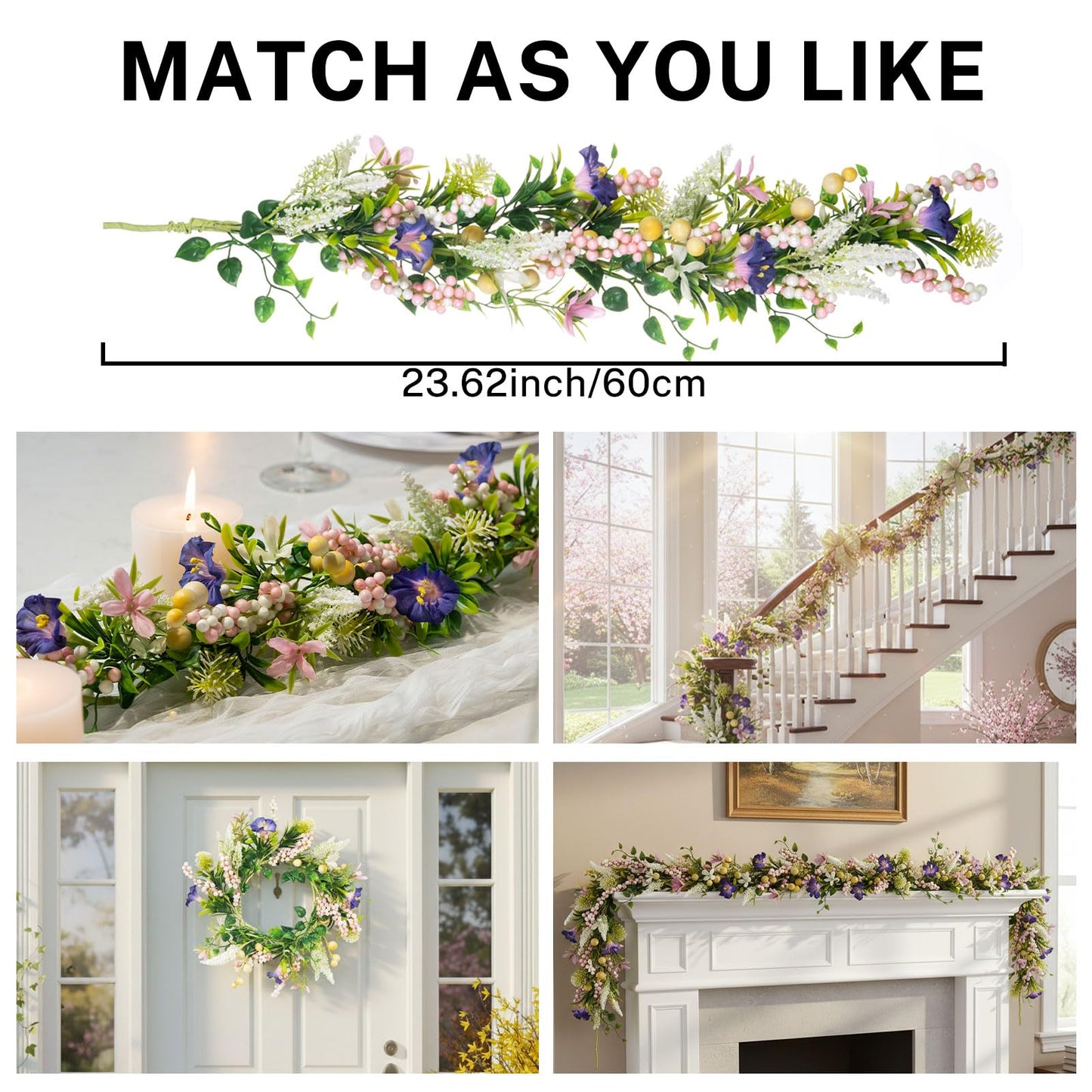 MOYEE Spring Candle Holder Centerpieces for Tables,Candle Ring, Black Metal Candlestick with an Artificial Wreath 14 in Versatile Dining Table Centrepiece (Purple Trumpet Flower Wreath)