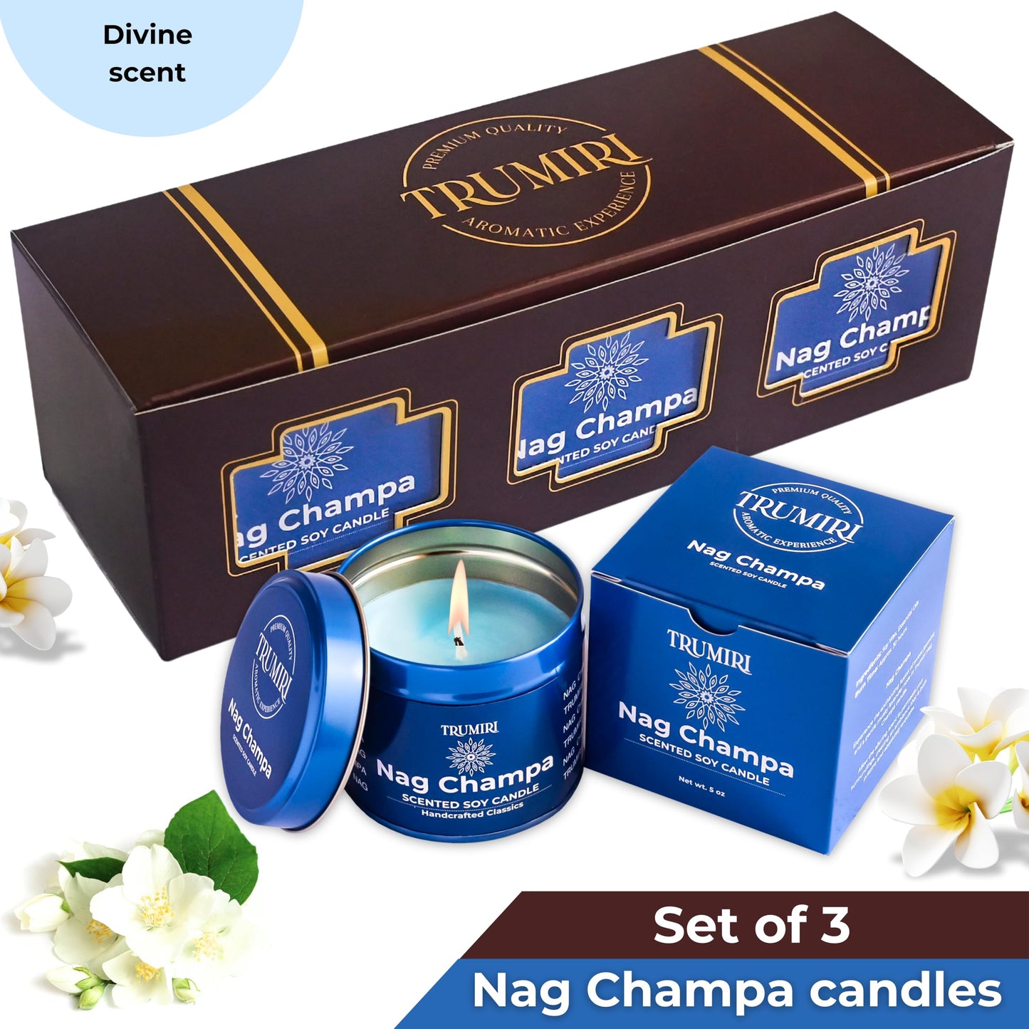 Nag Champa Candle for Home Scented - Pack of 3 x 5oz Natural Soy Clean Organic Non Toxic - for Aromatherapy Meditation Spiritual Gifts Bathroom Kitchen - Long Lasting Heavily Scented Velas Aromáticas