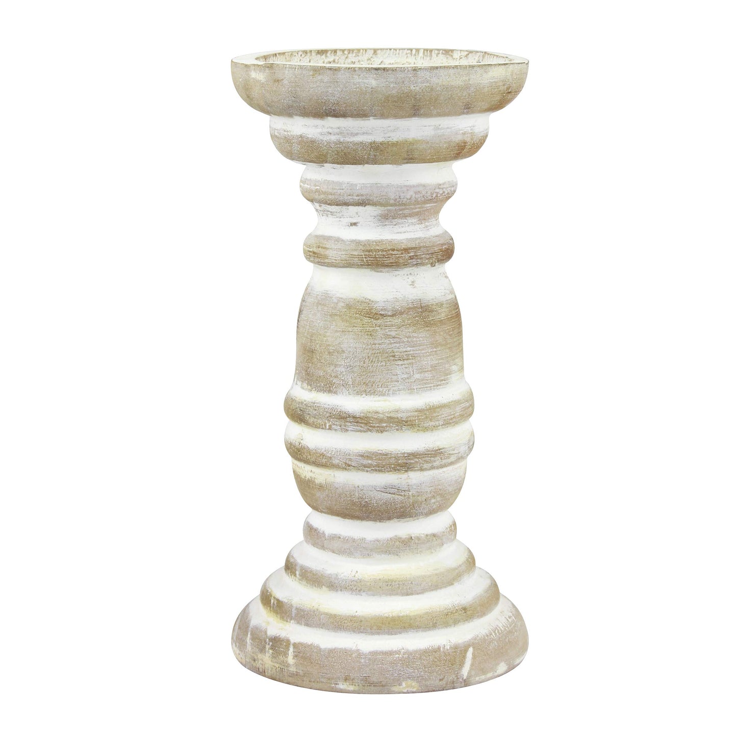 Stonebriar Decorative Worn White Wooden Pillar Candle Holder, Coastal Home Decor, Ocean Inspired Designs for Wedding Decorations, Parties, or Everyday Home, Large 8 Inch