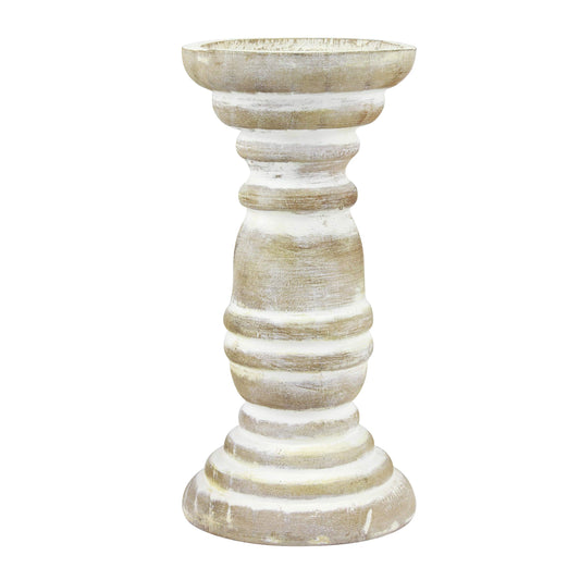 Stonebriar Decorative Worn White Wooden Pillar Candle Holder, Coastal Home Decor, Ocean Inspired Designs for Wedding Decorations, Parties, or Everyday Home, Large 8 Inch