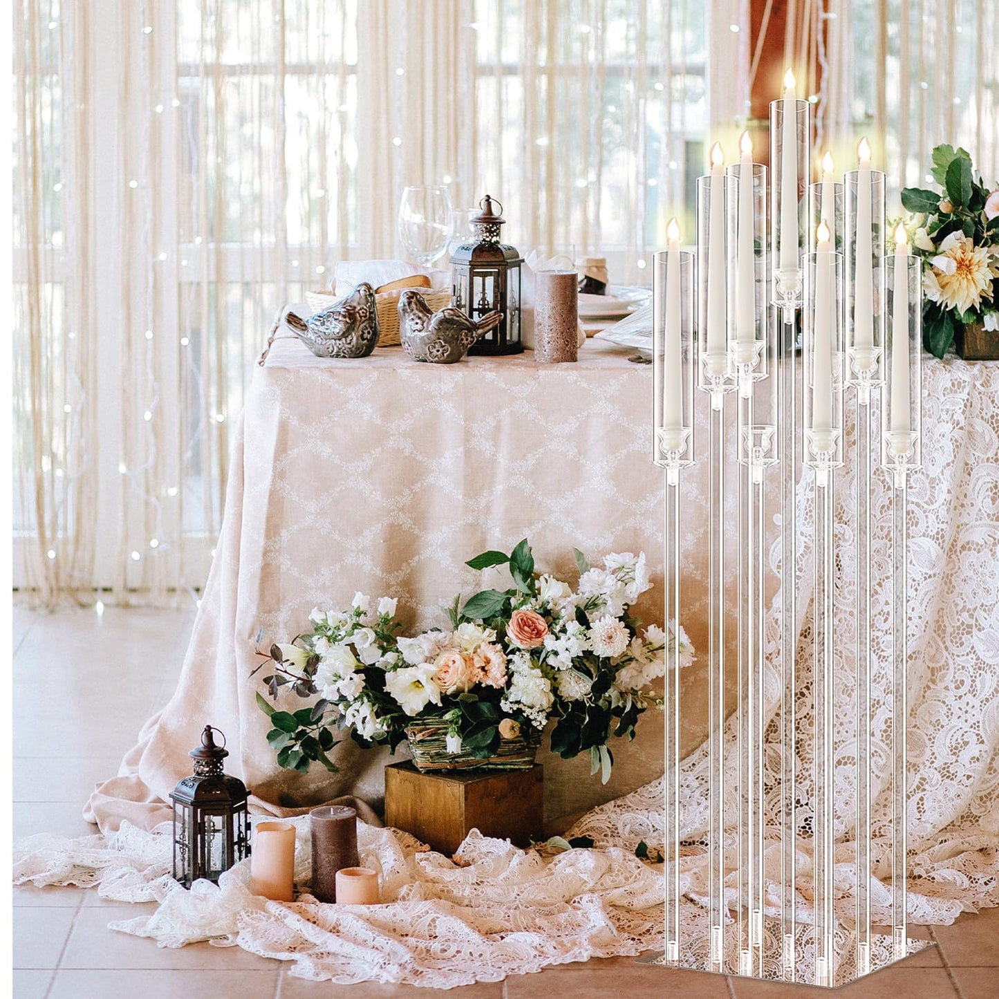 Tessco 4 Set 9 Arm Acrylic Candelabra Candle Holder 42.5'' Clear Candelabra Centerpieces for Wedding, Candlesticks Holder with Lampshade Metel Mirror Base for Wedding Christmas Dinner Party Decor