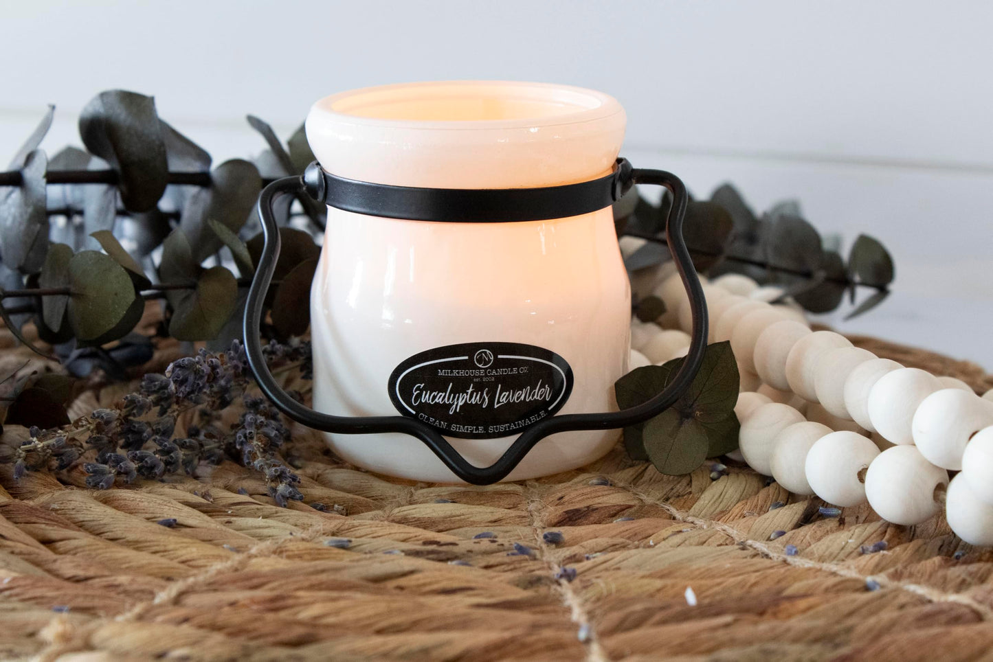 Milkhouse Candle Company Eucalyptus Lavender Soy Candle - Lavender | Eucalyptus | Soft Spice Scented - 5 oz Cream Jar with Black Lid, 35+ Hour Burn Time, Made in the USA
