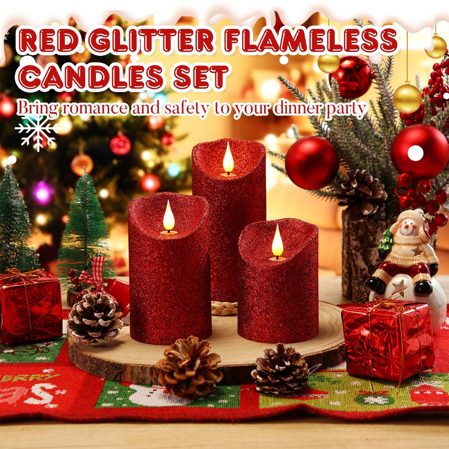 Retisee Set of 3 Valentines Glitter Flameless Candles, 4" 5" 6" Burgundy Red Operated Battery Pillar Candles Flickering Real Wax LED Candle with Remote and Timer for Valentines Home Table Centerpiece