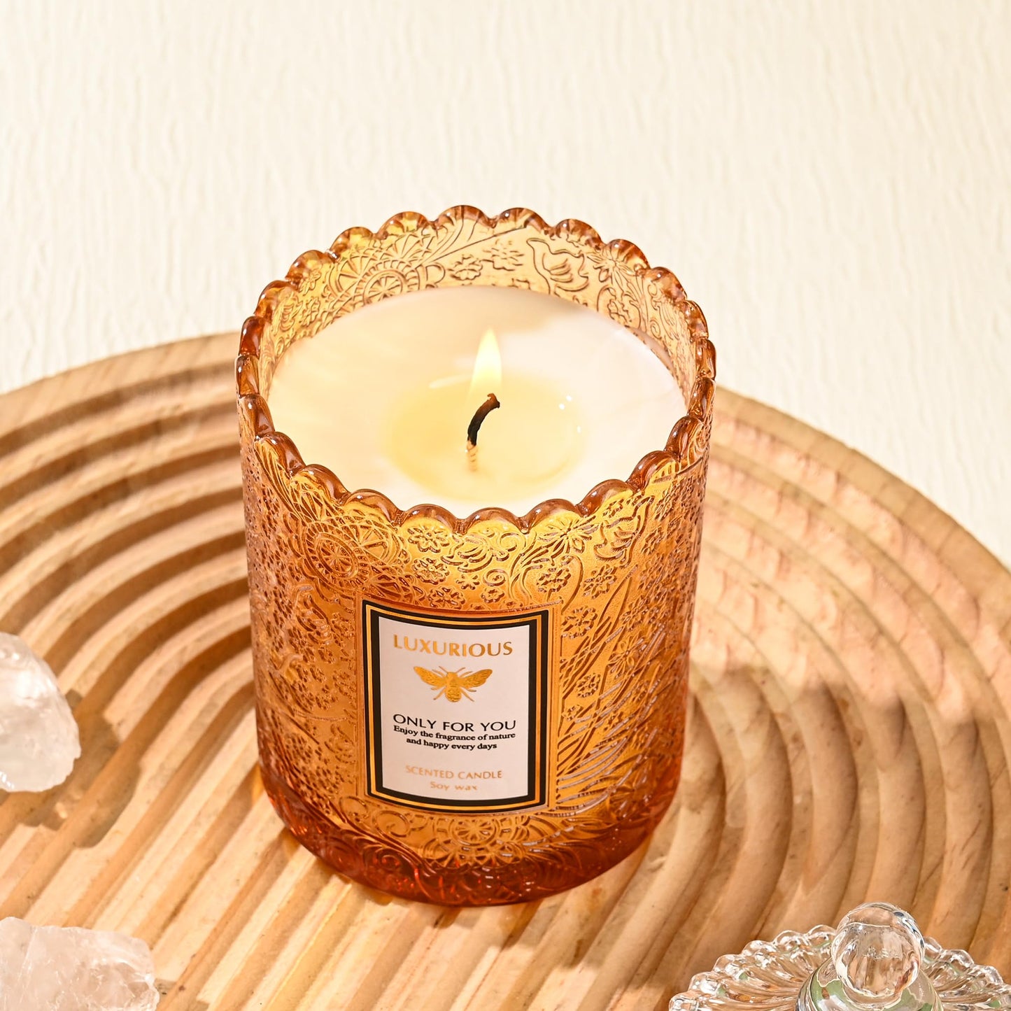 Sandalwood Candles, Candles for Home Scented, Natural Soy Wax Candle，Aromatherapy Candle for Stress Relief, Delicate Embossed Glass Jar for Home Decor, 7 oz 40 Hours Burning Time