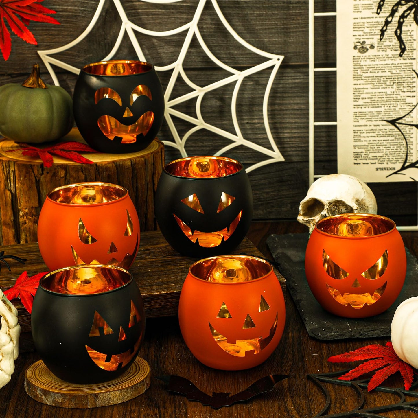 Whaline 6Pcs Halloween Candle Holder Black Orange Pumpkin Face Candlestick Glass Holder for Home Party Table Centerpiece Decor Supplies