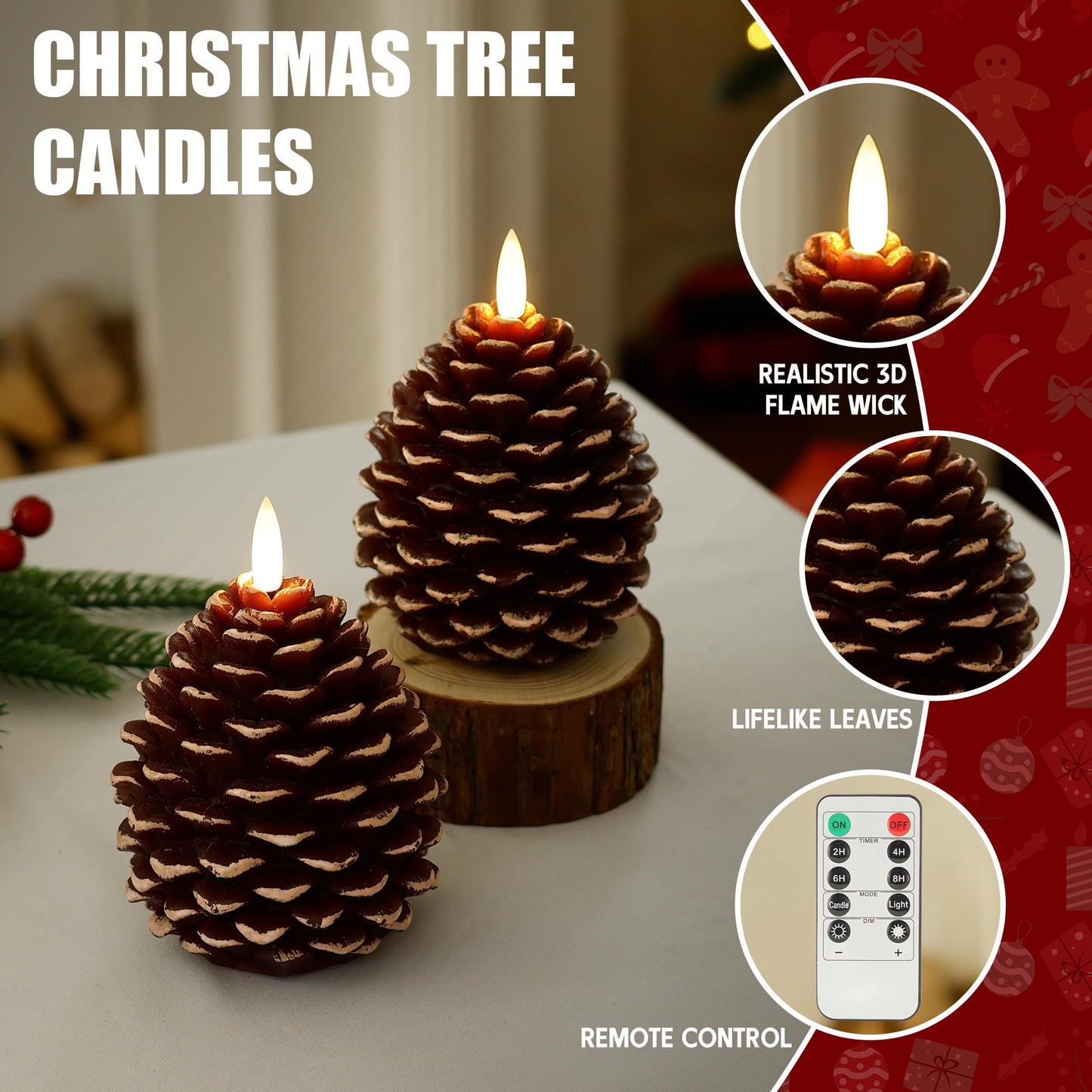 SEHNSY Christmas Flameless Pinecone Candles with Remote,Real Wax Battery Operated Candles, Flickering Led Pine Cone Candle for Xmas Holiday Winter Home Decoraction, 2 Pack