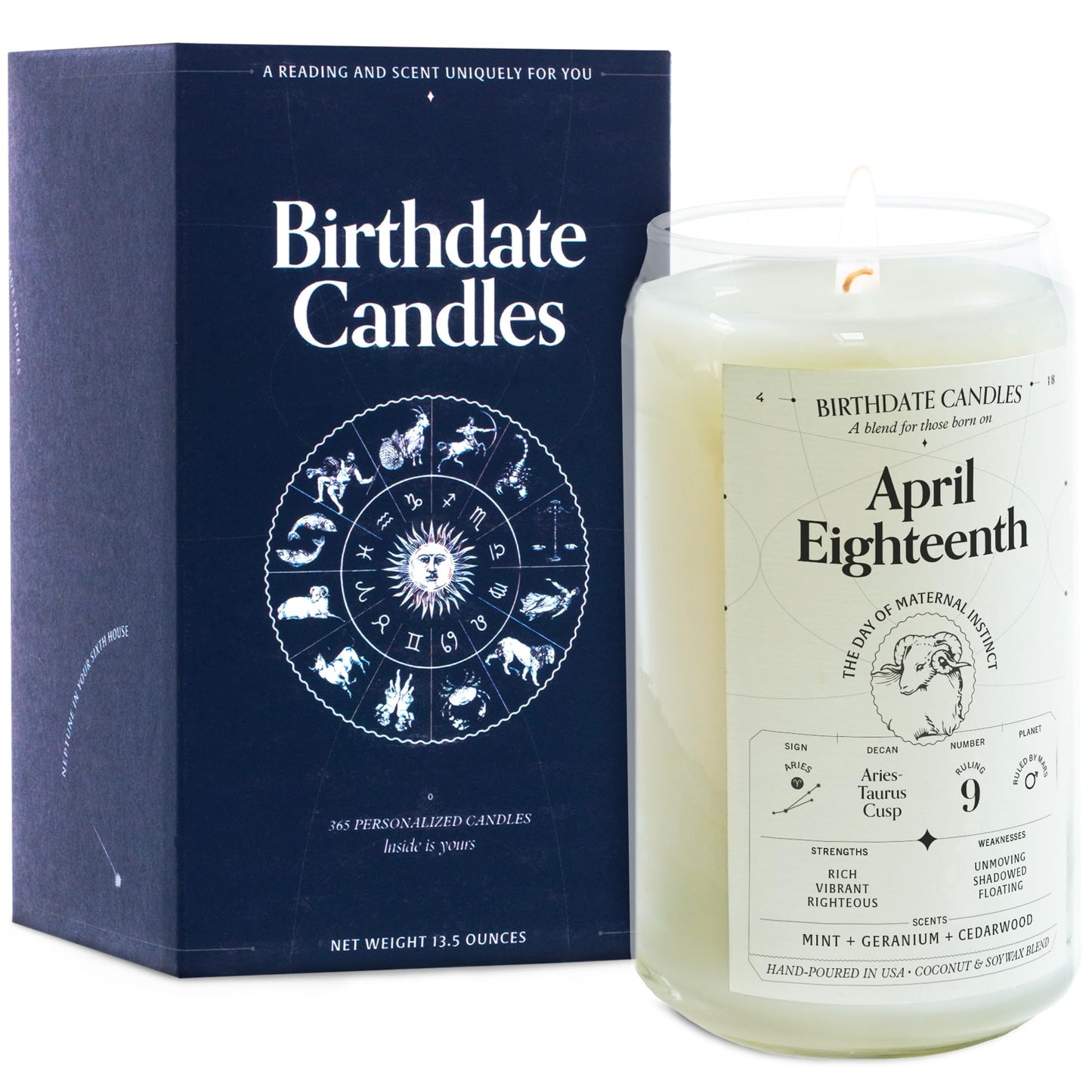 Birthdate Candles, April 18 - Aries Zodiac Scented Candles Birthday Gift - Mint, Geranium & Cedarwood Scent - All-Natural Soy & Coconut Wax, 60-80 Hour Burn Time - Made in USA