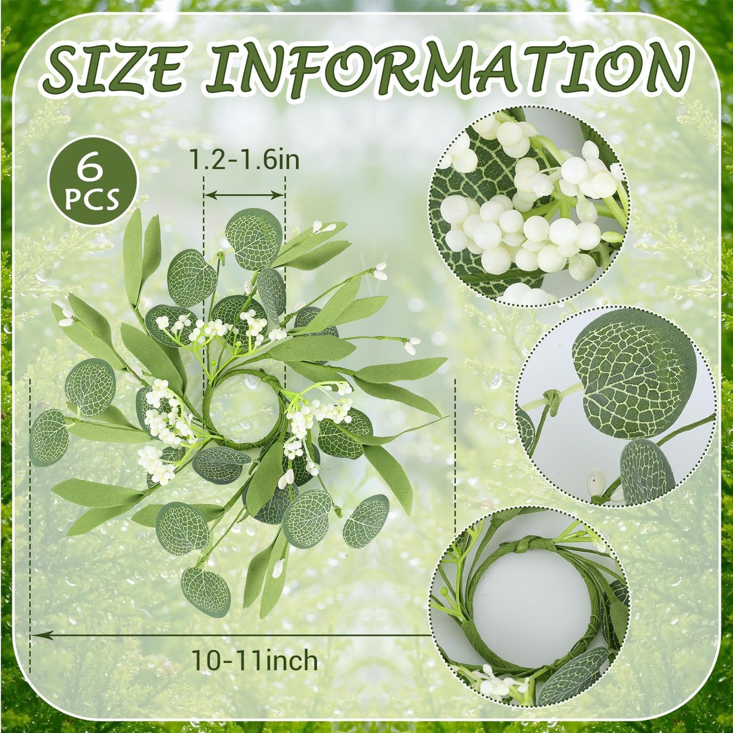 6 PCS Eucalyptus Taper Candle Rings Wreaths 1.38" Mini Spring Summer Floral Taper Candle Holder Wreaths Green Artificial Flower Table Centerpieces Wreath for Church Farmhouse Home Candlesticks Decor