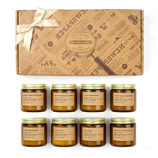 Scented Candles for Home,8 Pack Soy Wax Candle Set,Scented Candles Gift Set,Aromatherapy Candles, Amber Jar Vintage Apothecary Style, 8 Scents Gift Set