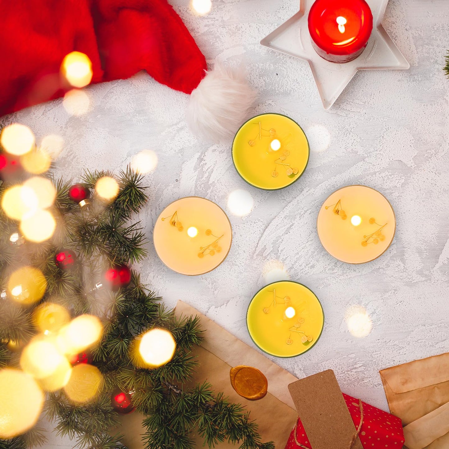 English Pear & Freesia Scented Tea Lights, 4-Pack White & Green Beeswax Soy Wax Tealight Candles with Dried Flower Decoration, Long-Lasting, Ideal for Relaxation, Spa, and Gifts