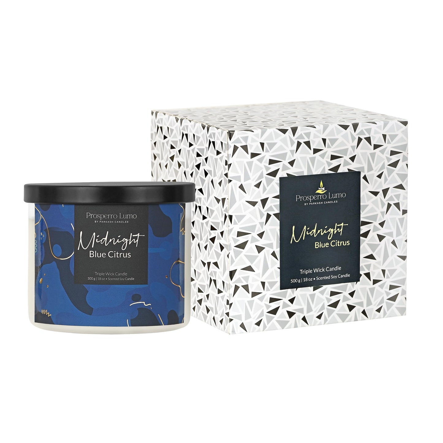PROSPERRO LUMO by Parkash Candles Premium Scented Soy Wax Candle 500 gm 35-40 Hrs Luxury Aroma Therapy Triple Wick Votive Jar Candle | Scented Candles for Home Decor Gift Set (Midnight Blue Citrus)