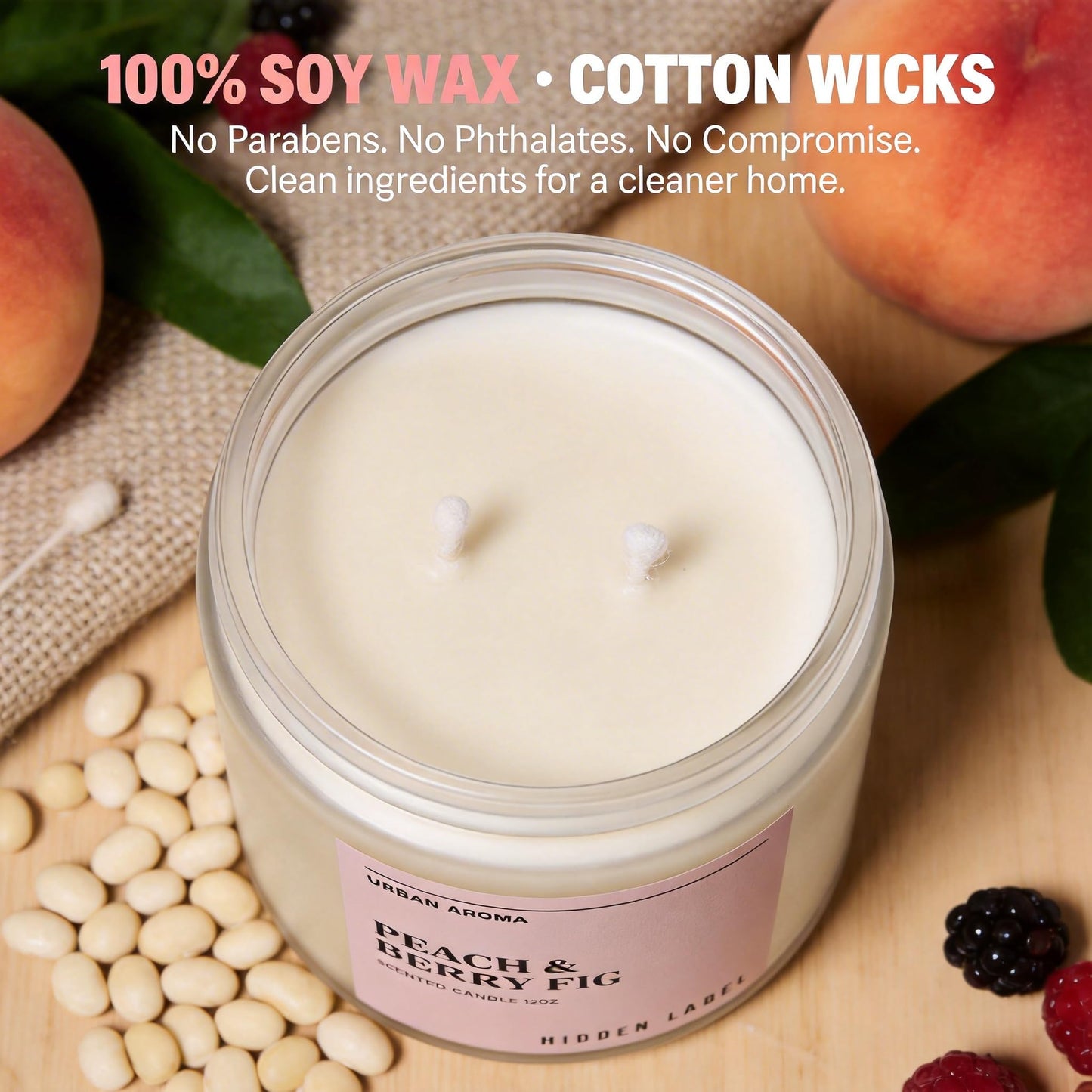 Peach Berry Fig Scented Candle, 12oz Soy Wax Candle with 2 Wicks, 70 Hour Long Lasting Non Toxic Aromatherapy Candle for Home Decor, Stress Relief & Relaxation, White Frosted Glass Jar Candle Gift