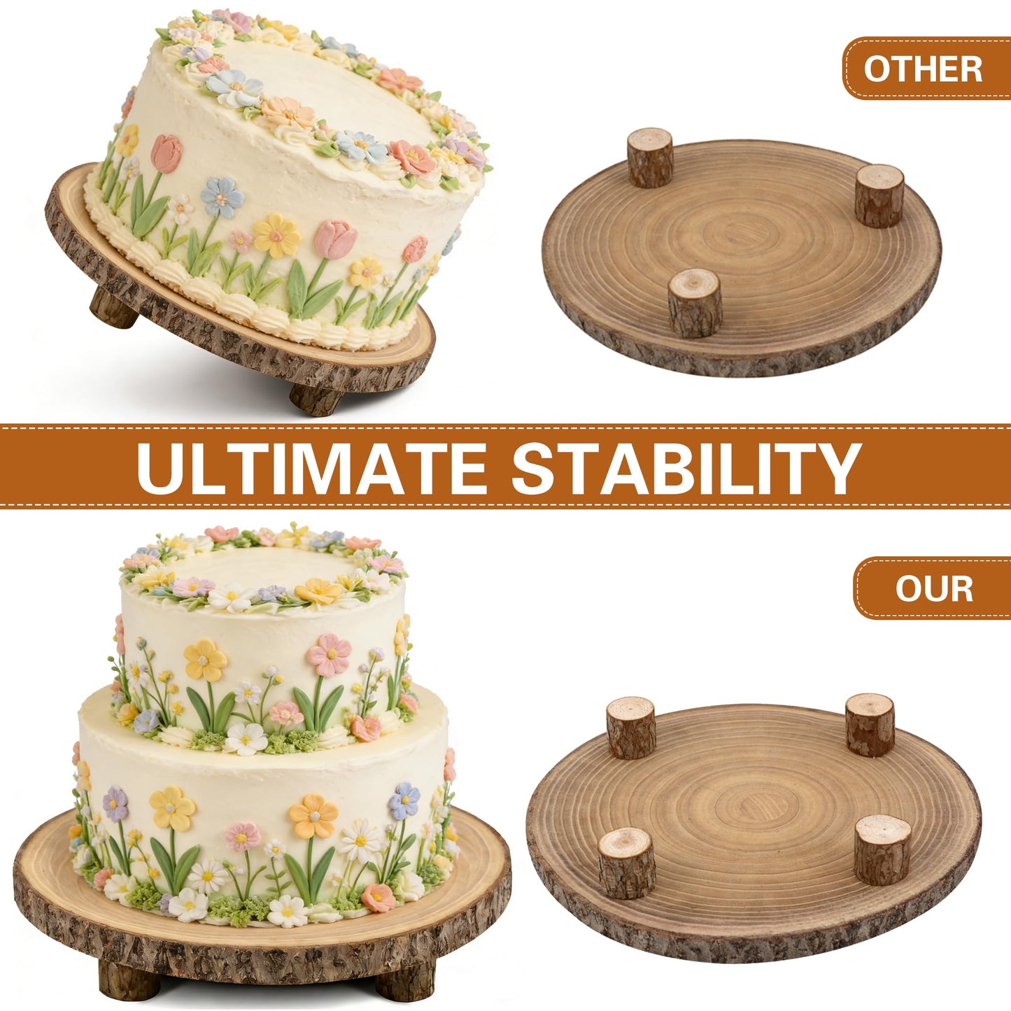 Sukione Wood Cake Stand with 4 Legs, 10-11 Inch Natural Rustic Wooden Slice Cupcake Stand for Wedding, Birthday & Baby Shower, Farmhouse Dessert Display, Woodland-Themed Party, Father's Day Decor