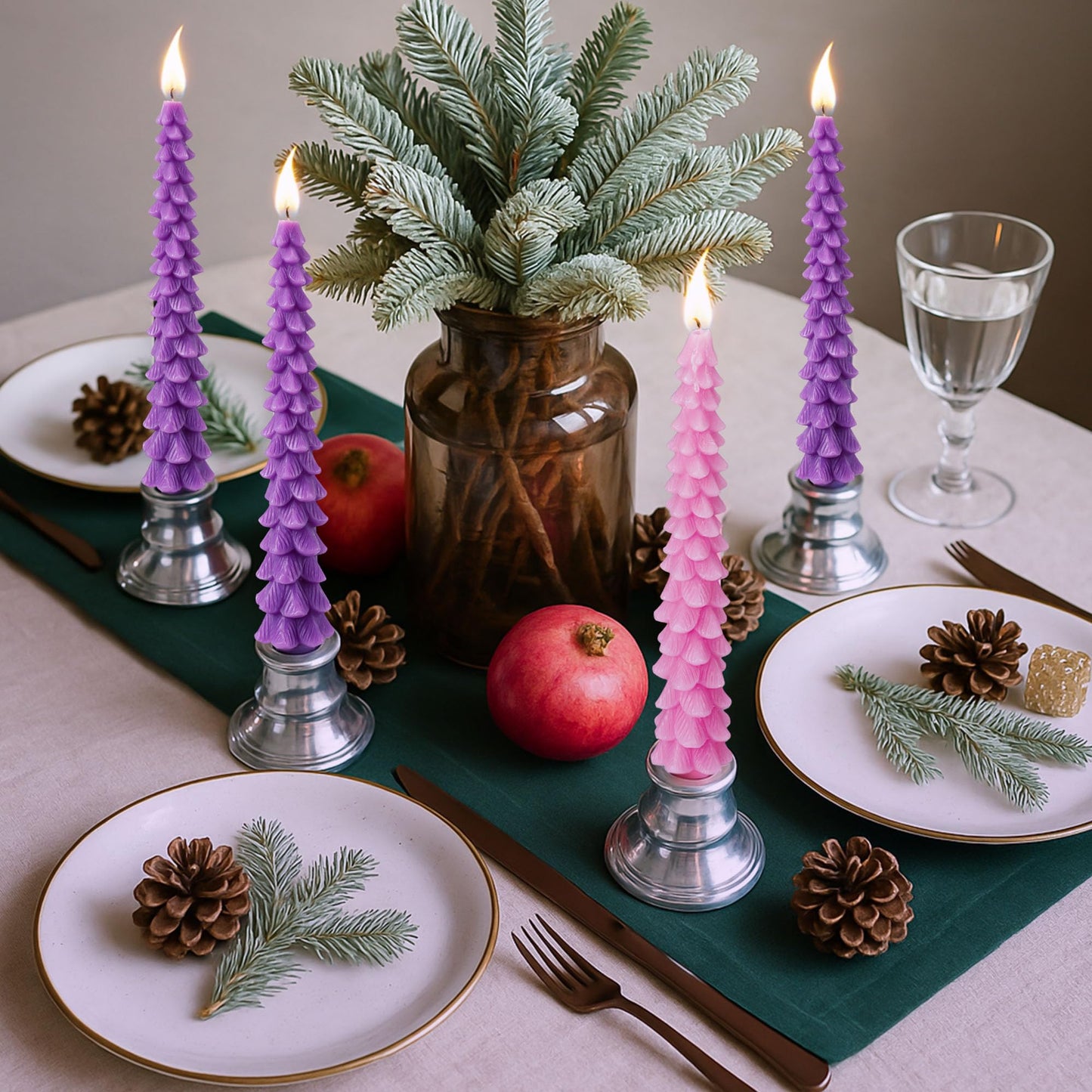 Enhon 8 Pcs Advent Candles Set, 10 Inch Tree Shaped Taper Candles, Unscented Beeswax Christmas Advent Wreath Candle for Xmas, Holiday, Church, Party, or Home Decor (Purple,Pink Style)