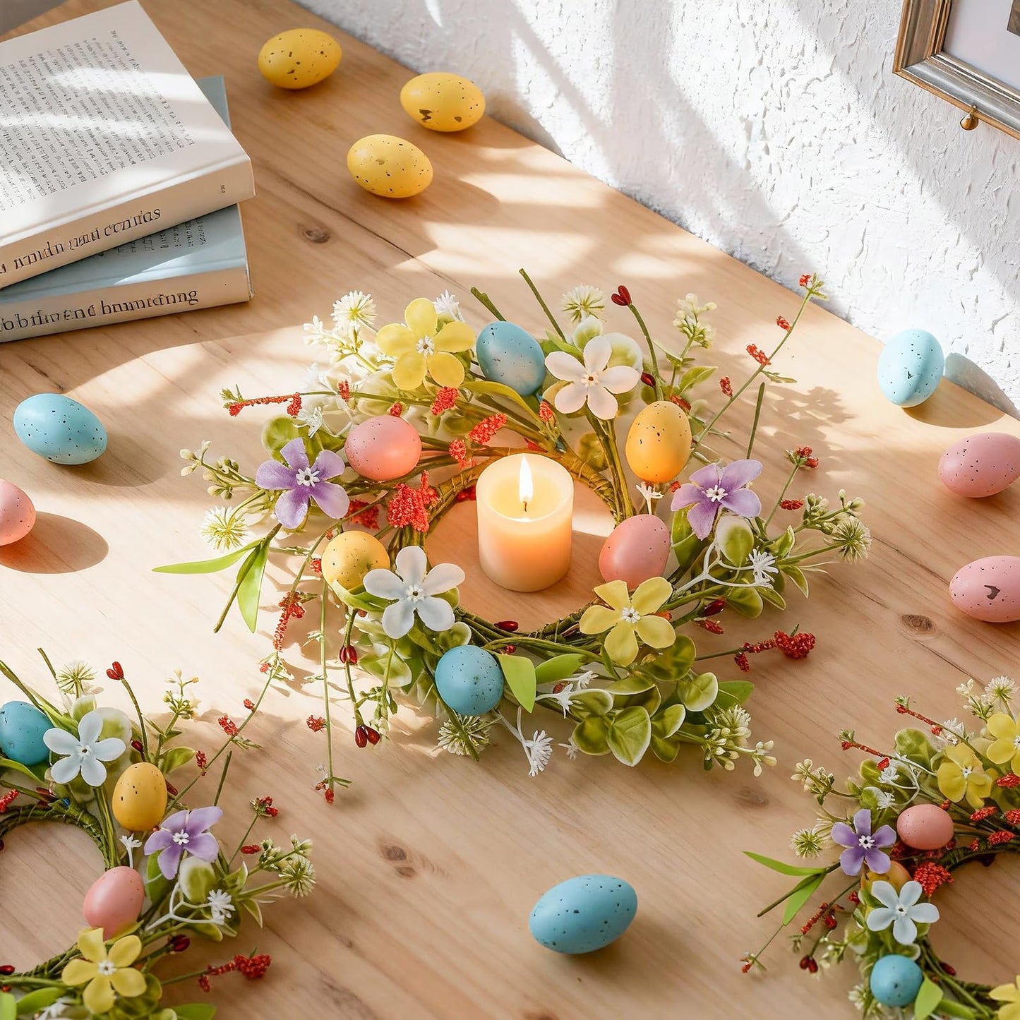 6 Pcs Easter Small Candle Rings Wreaths Mini Pillar Candle Holder Wreath with Eggs and Flowers Artificial Spring Pink Wreath for Home Kitchen Front Door Window Porch Wall Table Cnterpieces