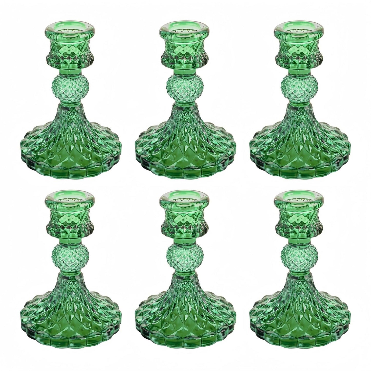 ECHFSM Glass Candlestick Holder,Striped Taper Candle Holders,Set of 6 Candle Stand for Table Centerpieces, Home Decor,Weddings,Festival and Parties (Green Dimond Pattern)