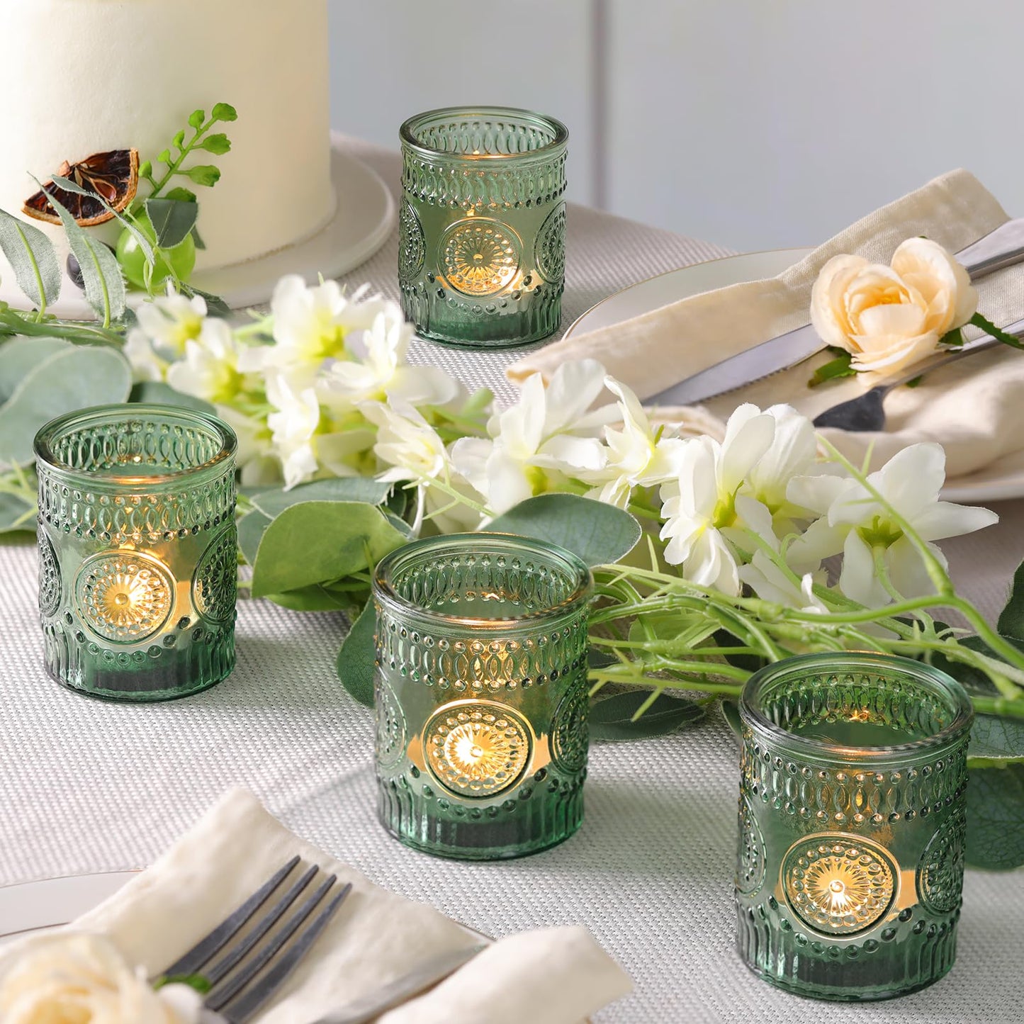 Lanttu 12pcs Green Votive Candle Holders，Glass Tea Lights Candle Holder Bulk for Birthday Parties, Weddings, Table Decorations, Candlelight Dinners