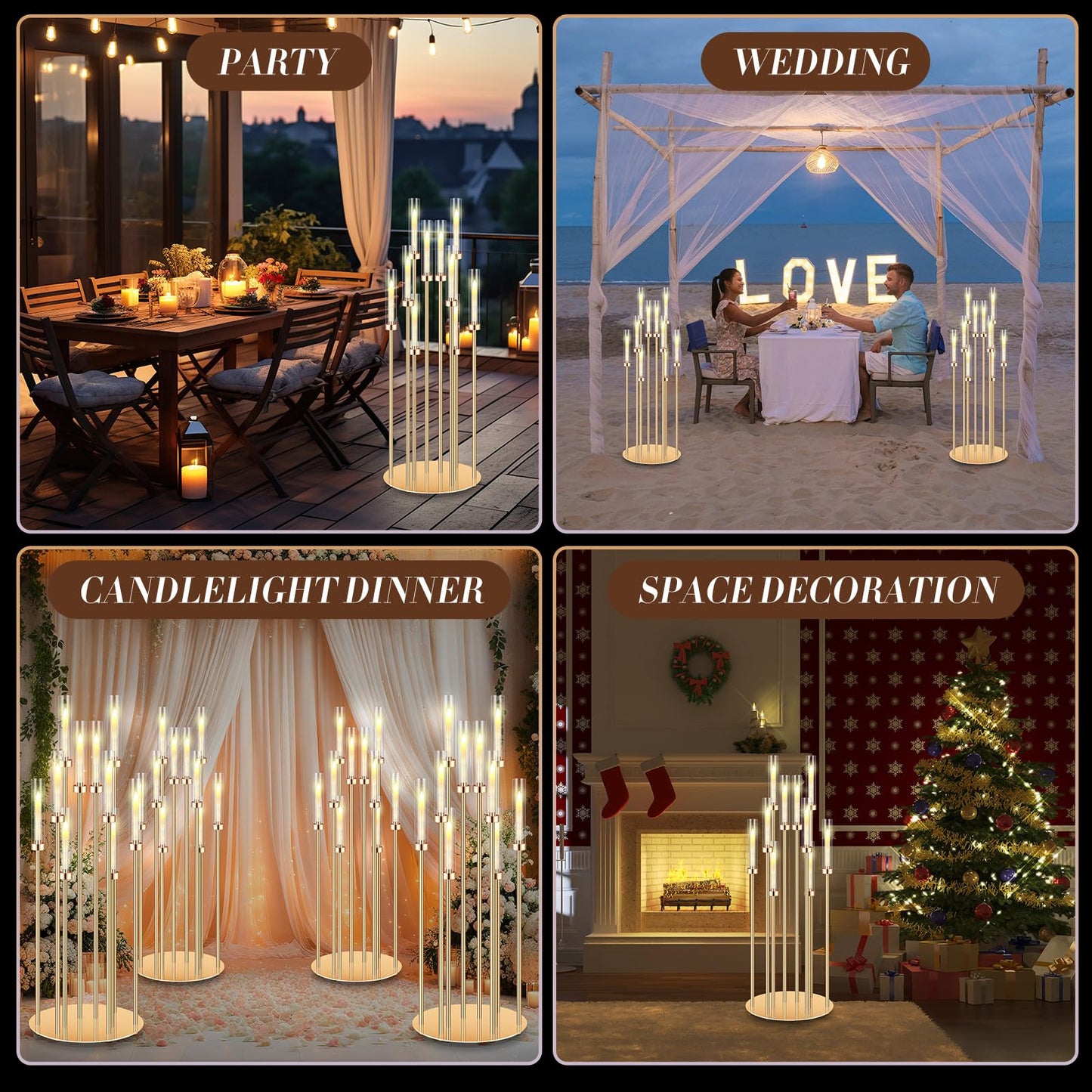 Tandefio 4 Pcs 10 Arm Wedding Gold Candelabra Floor Centerpieces with 40 LED Candle 46.5'' Tall Candlestick Metal Holder with Lampshade Fit 0.8 for Ceremony Party Dinner Table Easter Birthday Holiday
