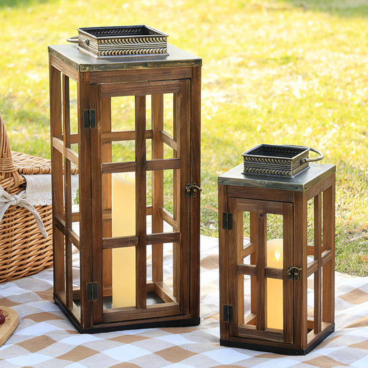 DECORKEY Large Farmhouse Wooden Metal Lantern Set of 2, 28''/20'' H Rustic Decorative Indoor & Outdoor Hanging Candle Lanterns, Wooden Outdoor Lanterns for Patio Front Porch Table, Dark Brown