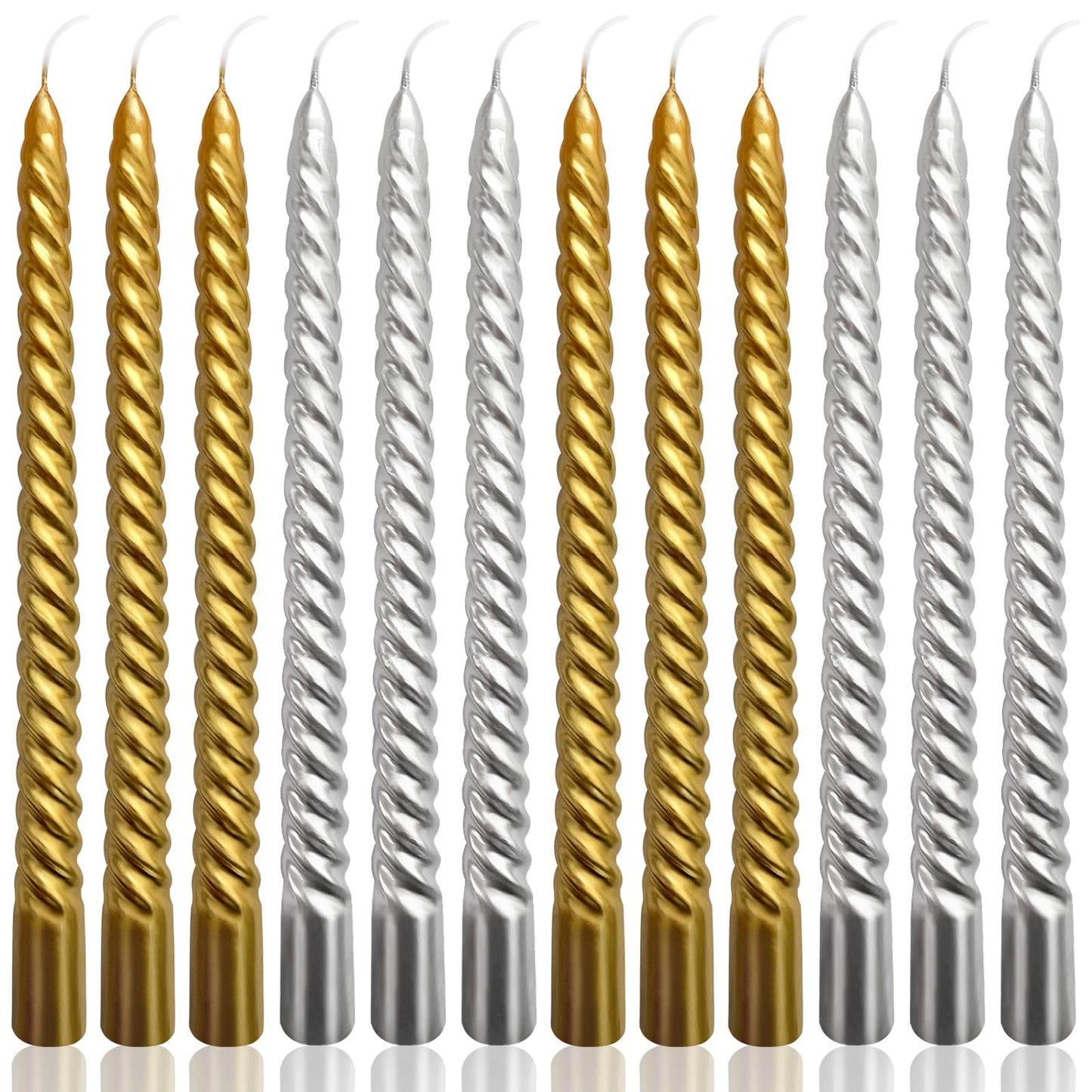 10 Inch Spiral Taper Candles Set for Christmas, 6 Gold and 6 Silver Unscented Twisted Candlesticks, Dripelss Thin Tapered Candles for Holiday Party Decoration