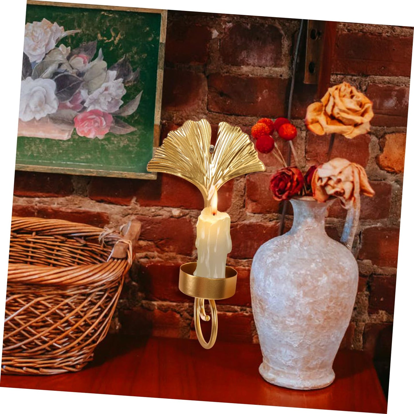 Holibanna Retro Elegant Leaf Wall Hanging Candle Holder Metal Candle Sconces Home Decor