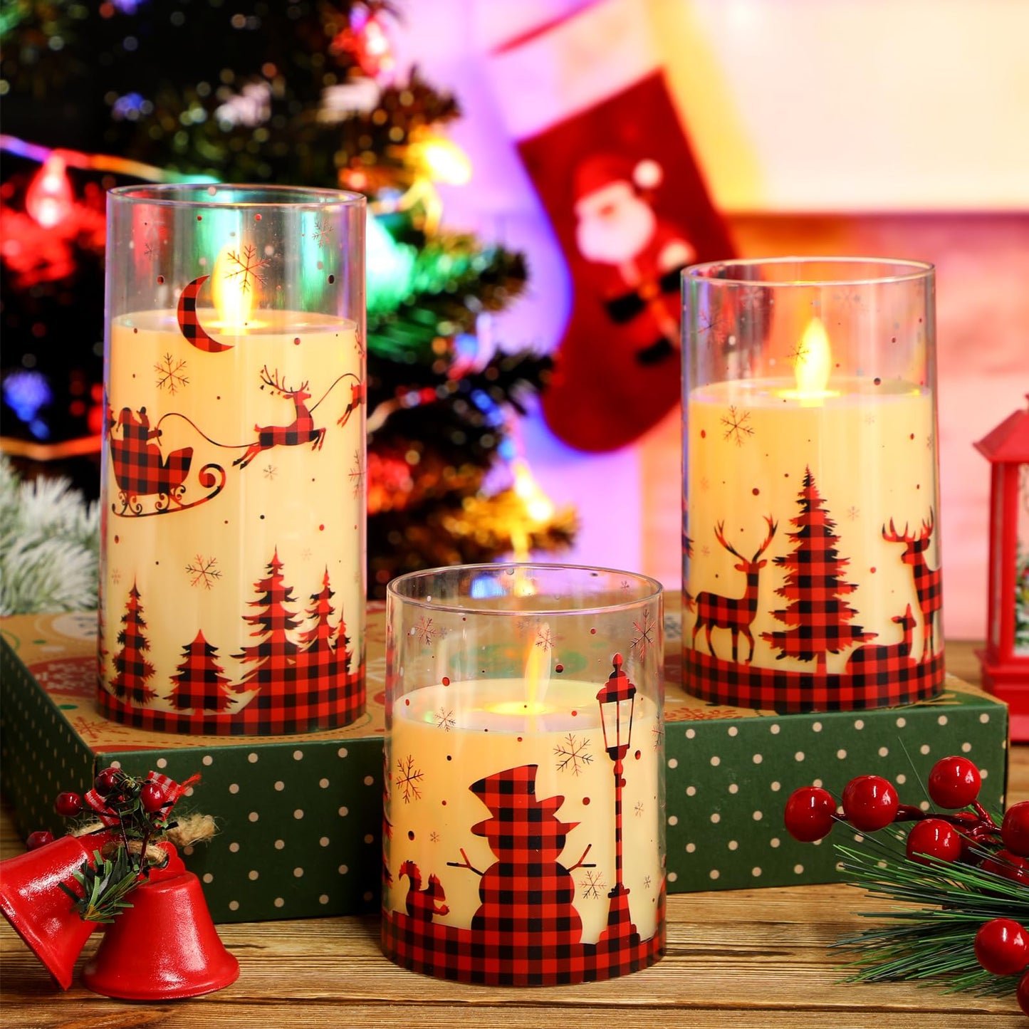 Blosssound 3 Pack Buffalo Plaid Christmas Flameless Candles Battery Operated Xmas Red Glass Flameless Flickering Candles LED for Home Fireplace Winter Holiday Table Decorations Christmas Gifts