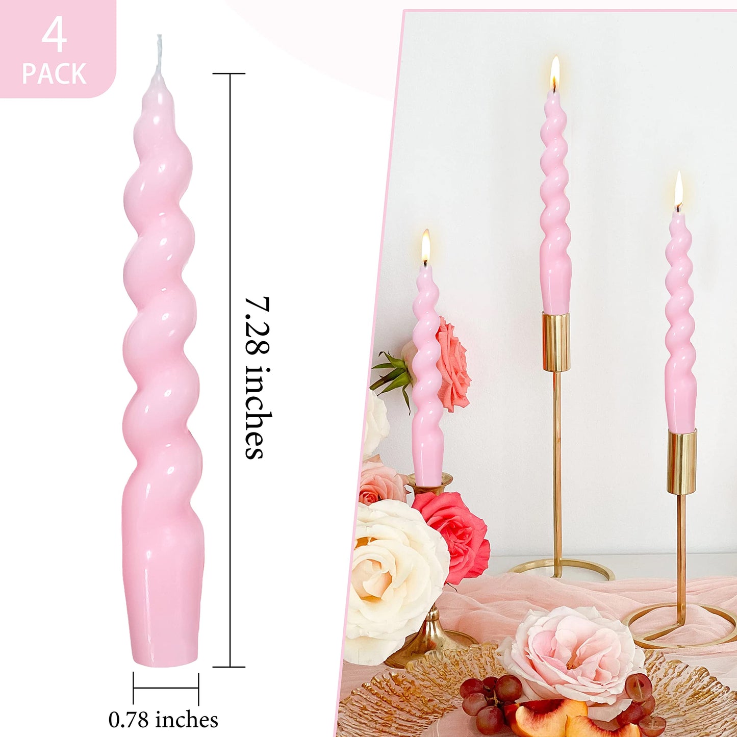 Pink Taper Candle Twisted Candles 4 PCS Unscented Spiral Candlesticks 7.5 inch Tapered Candles for Christmas Halloween Dinner Wedding Home Decor, Relaxation & All Occasions