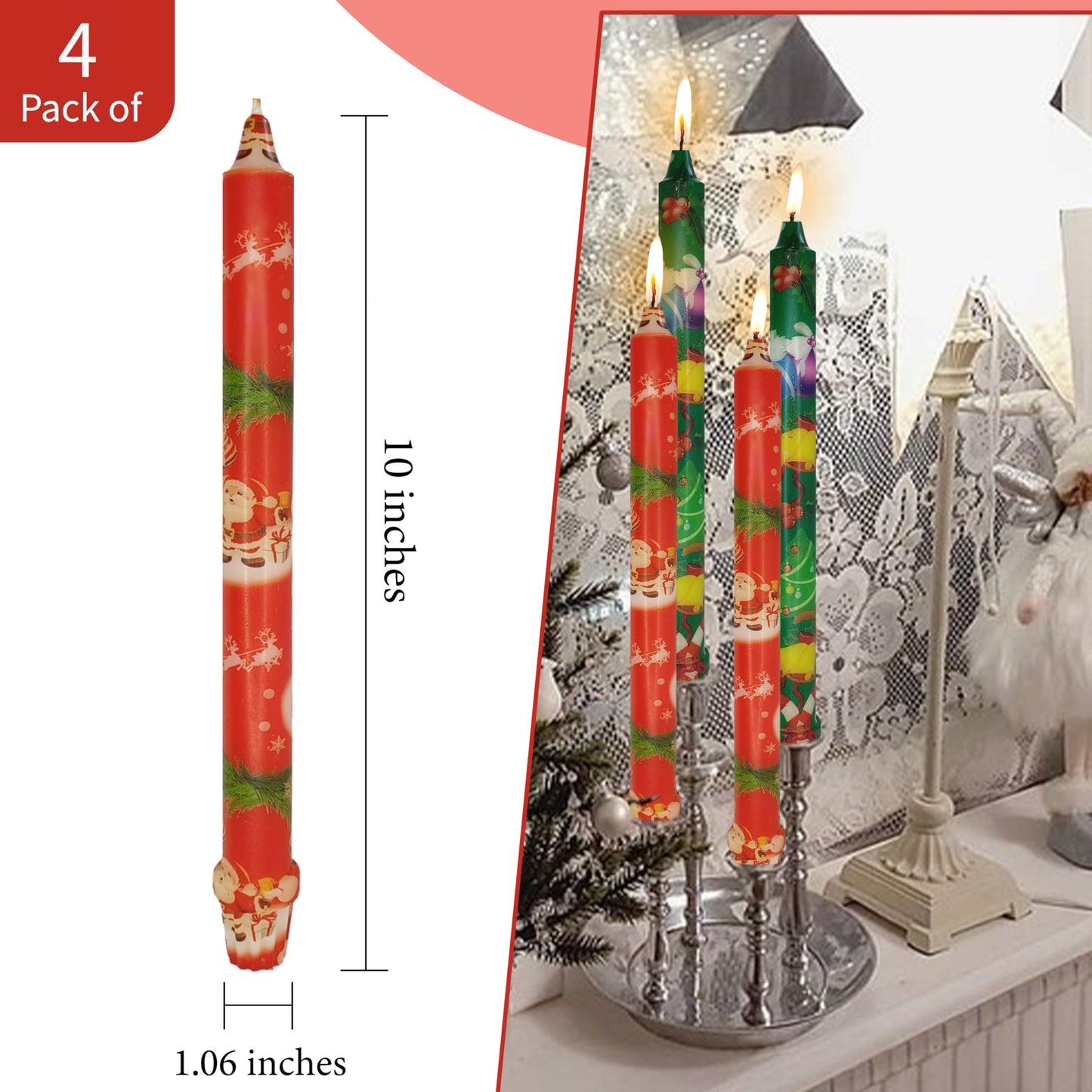 Taper Candles Christmas Printed Candlestick 4 PCS 10 inch Long Taper Candle Unscented Candlesticks Handmade Tapered Candles for Christmas Dinner Household Wedding Party Housewarming Home Décor Candles
