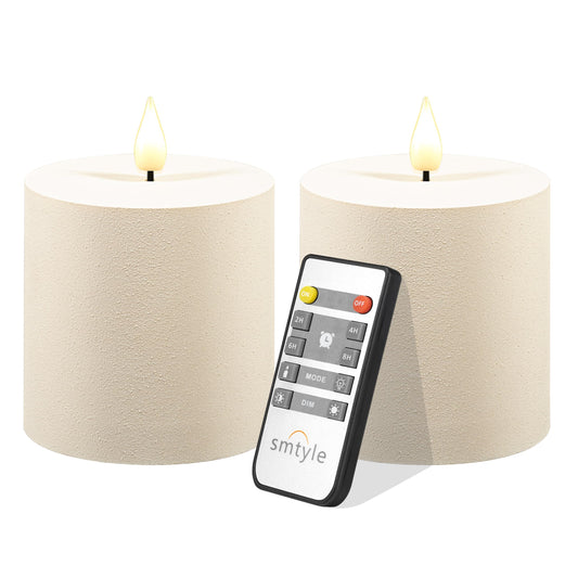 smtyle Vintage Flickering Ivory Plastic Flameless Candles 3 x 3 Inch LED Battery Operated with Remote & Timer, Set of 2 – Neutral Rustic Farmhouse Decor Candles Sandstone Texture Beige