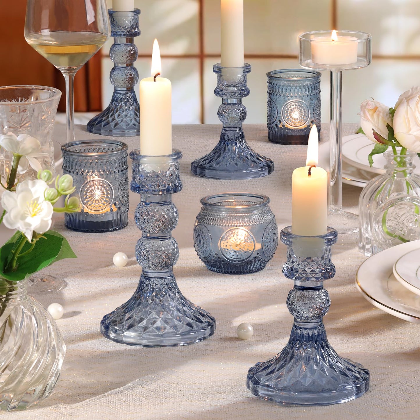 DARJEN Blue Glass Candlestick Holders Set of 6, 4" H & 5" H Taper Candle Holders for Candlesticks & Pillar Candles, Diamond Candle Holders for Wedding Party Table Centerpiece, Home Decor