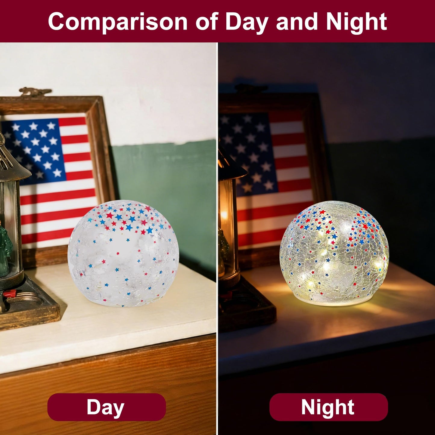 3PCS Independence Day Decorative Lights, 3.93-inch Independence Day Desktop Decoration LED Night Light, Cracked Glass Ball Light with Timer, 4th of July Decoration (Small Five-Pointed Star)