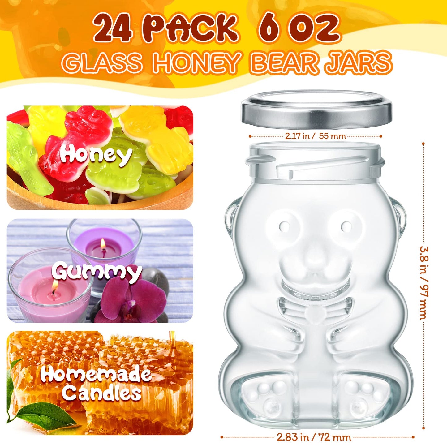 Patelai 24 Pack 4 oz Glass Bear Shaped Honey Jars with Lids Reusable Small Tilted Bear Glass Bottles Containers Dispenser for Candies, Birthday Wedding Party Favors(Classic, Silver)
