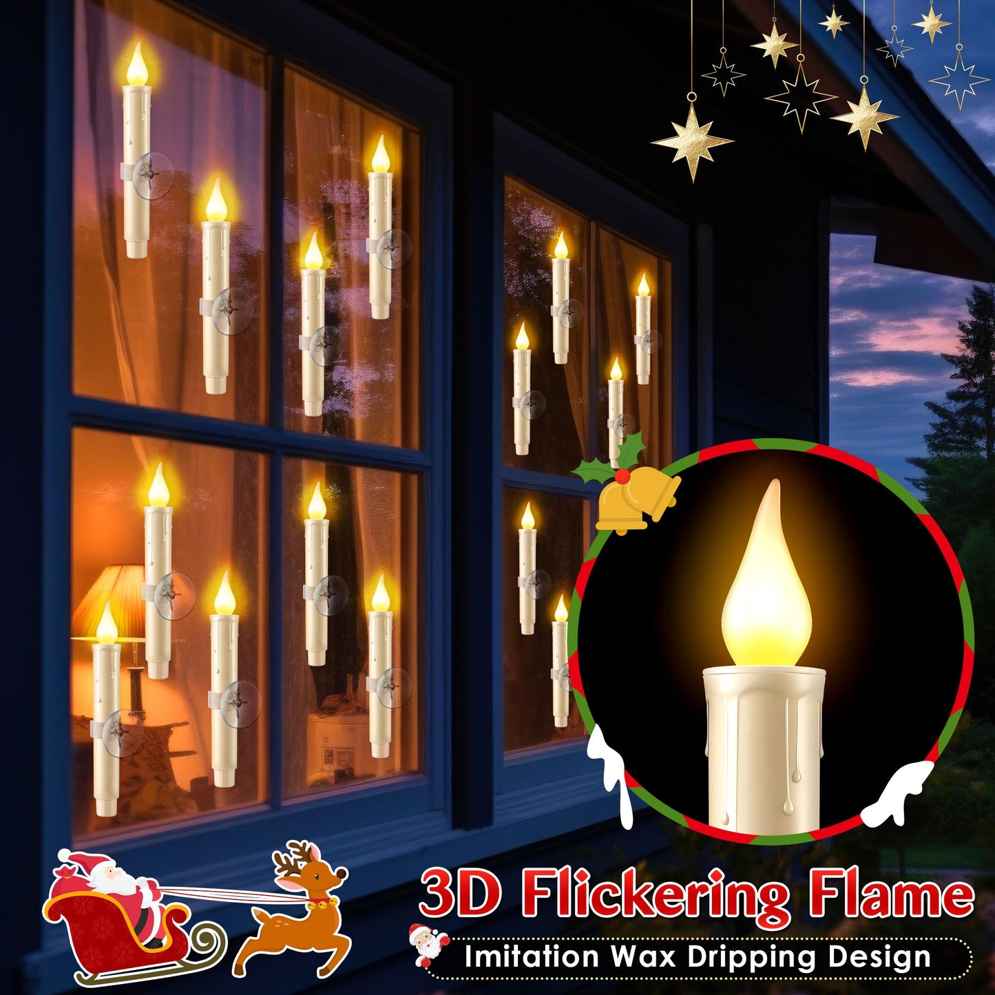 Enhon 12 Pcs Battery Operated Window Candles, Ivory LED Christmas Window Candles with Sensor Dusk to Dawn, Cordless Flameless Taper Candlestick with Battery & Suction Cup for Xmas Wedding Decorations