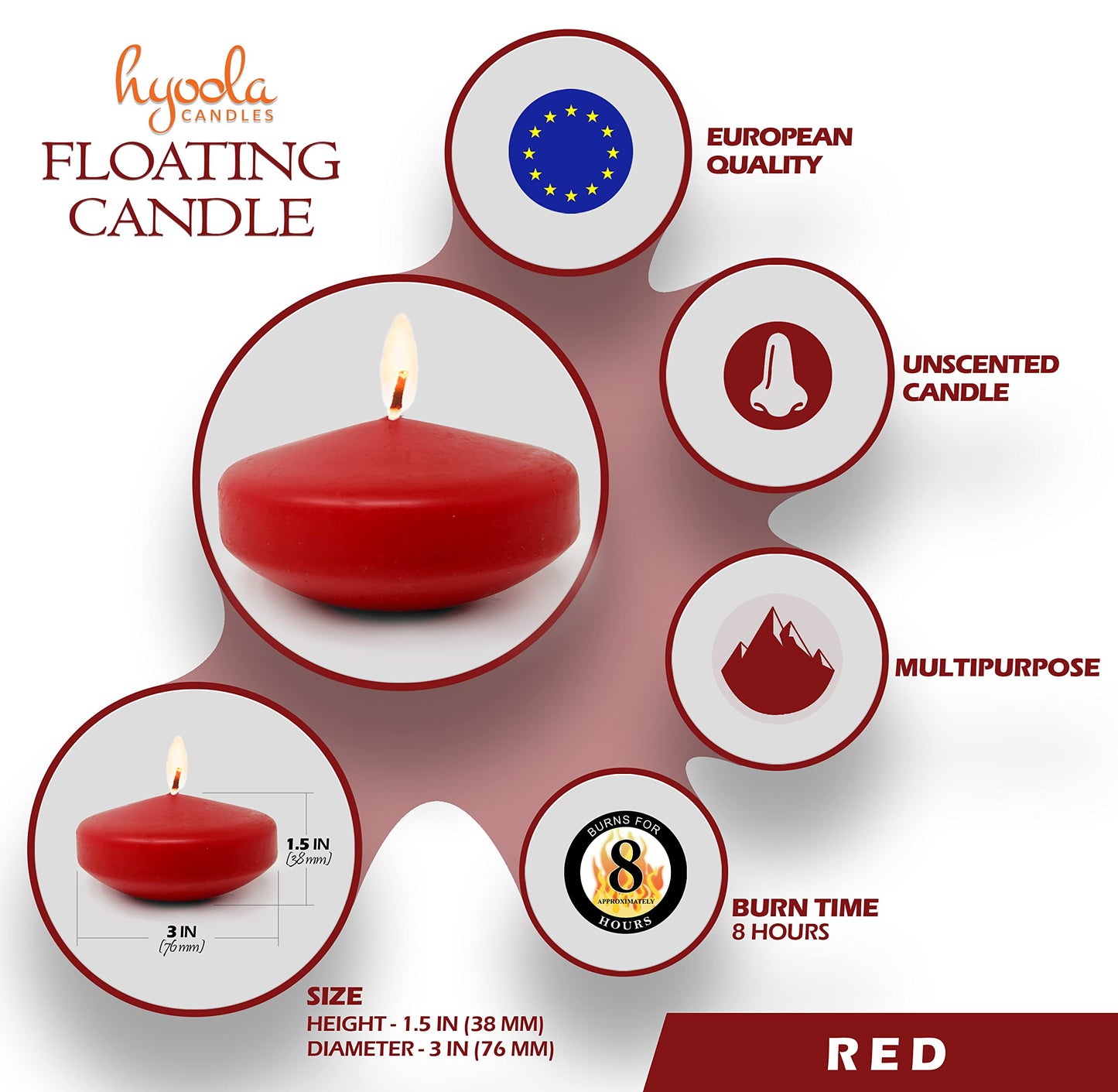 Hyoola Premium Red Floating Candles 3 Inch - 8 Hour - 12 Pack - European Made