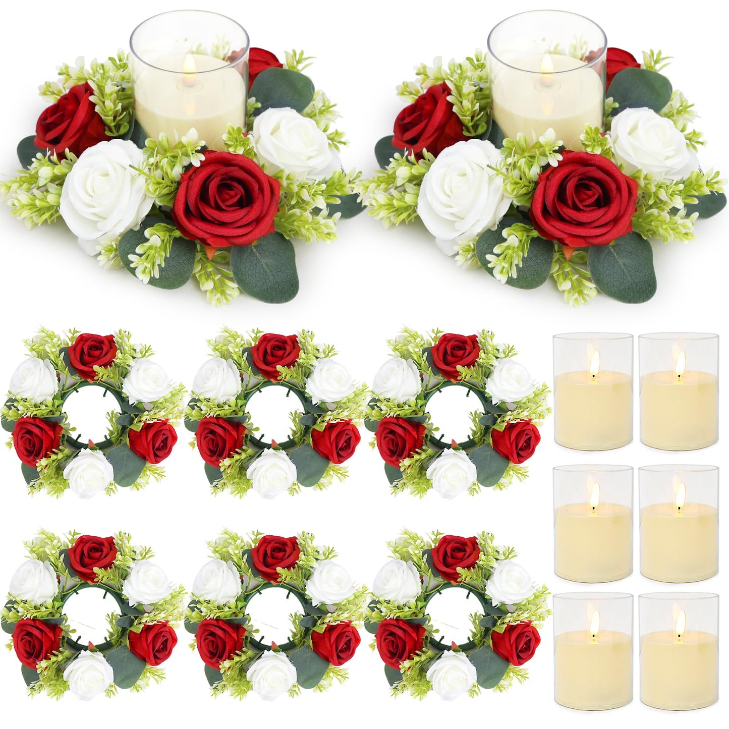 Acmee Crimson Rose Candle Rings with Flameless Candles Sets - 12PCS Artificial Flower Eucalyptus Wedding Centerpiece 3 Inch Pillar Candleholders Wreaths for Wedding Party Decor (Crimson - 6 Sets)