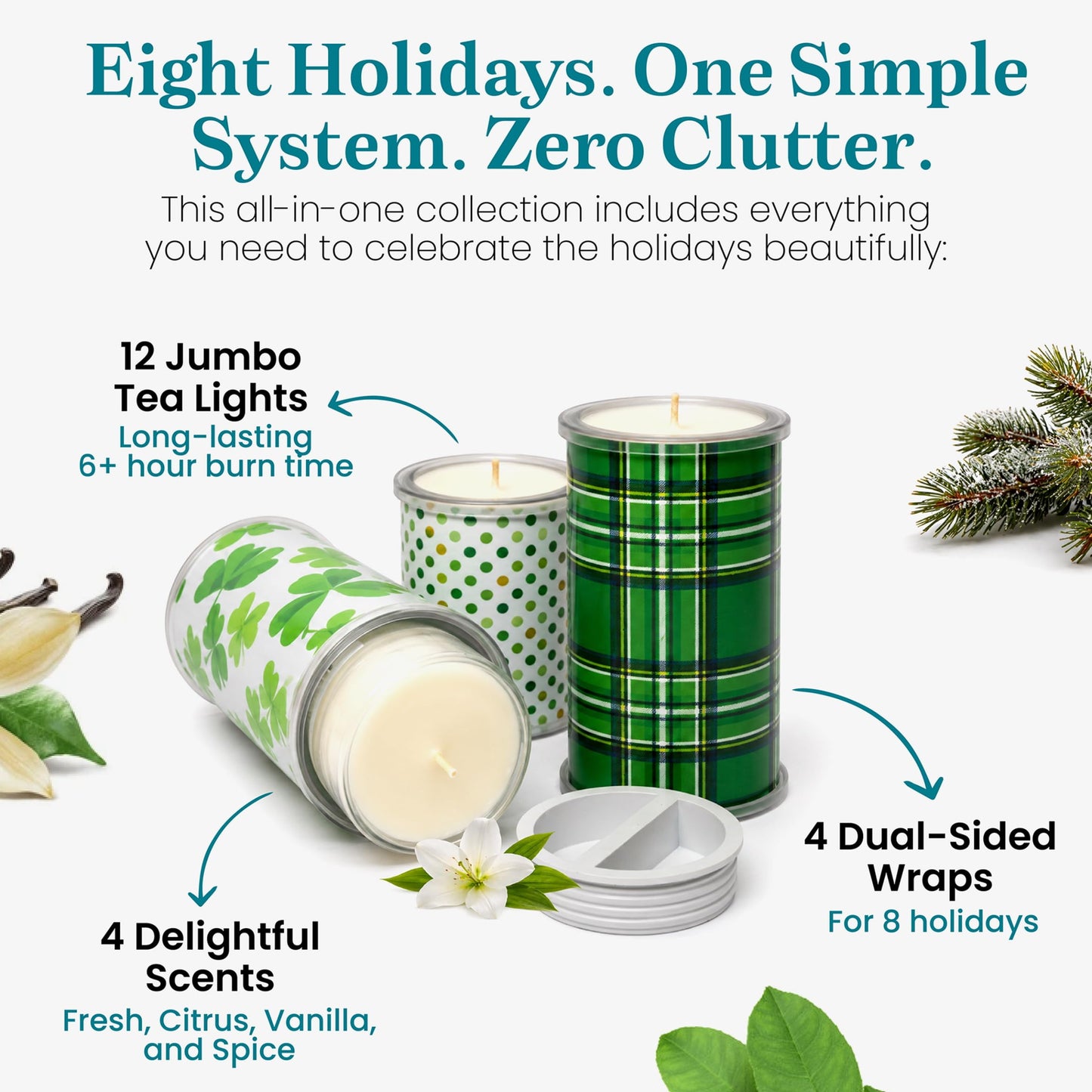 Wrap A Candle Holiday Wrap Pak – Dual-Sided Decorative Candle Wraps, 8 Holiday Designs, Reusable & Interchangeable, Year-Round Home Décor