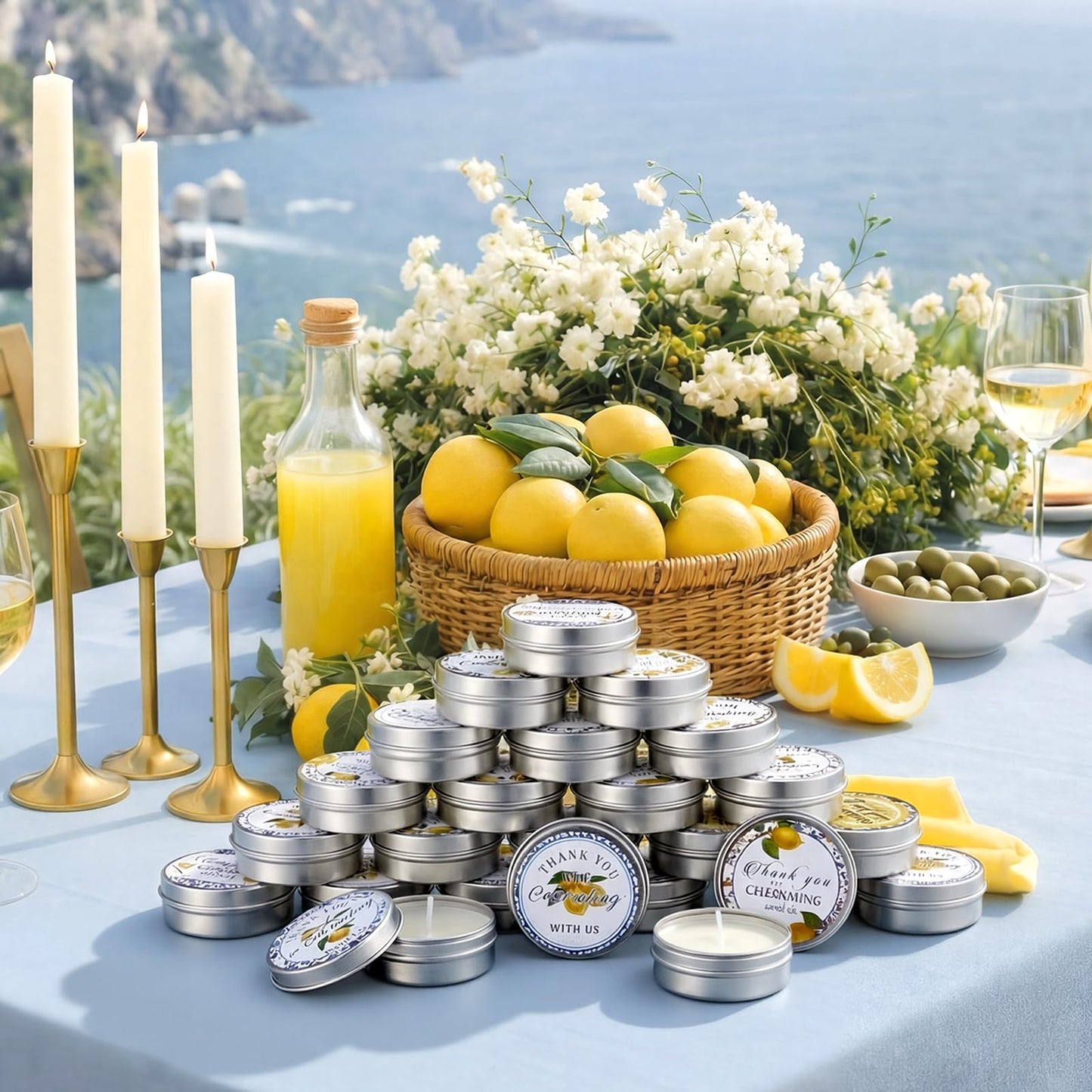 Treela 24 Pcs Capri Lemon Candles Favors Italian Lemon Scented Candle Tins with Lids Amalfi Coast Gifts for Mediterranean Wedding Bridal Baby Shower Party Favors Decorations