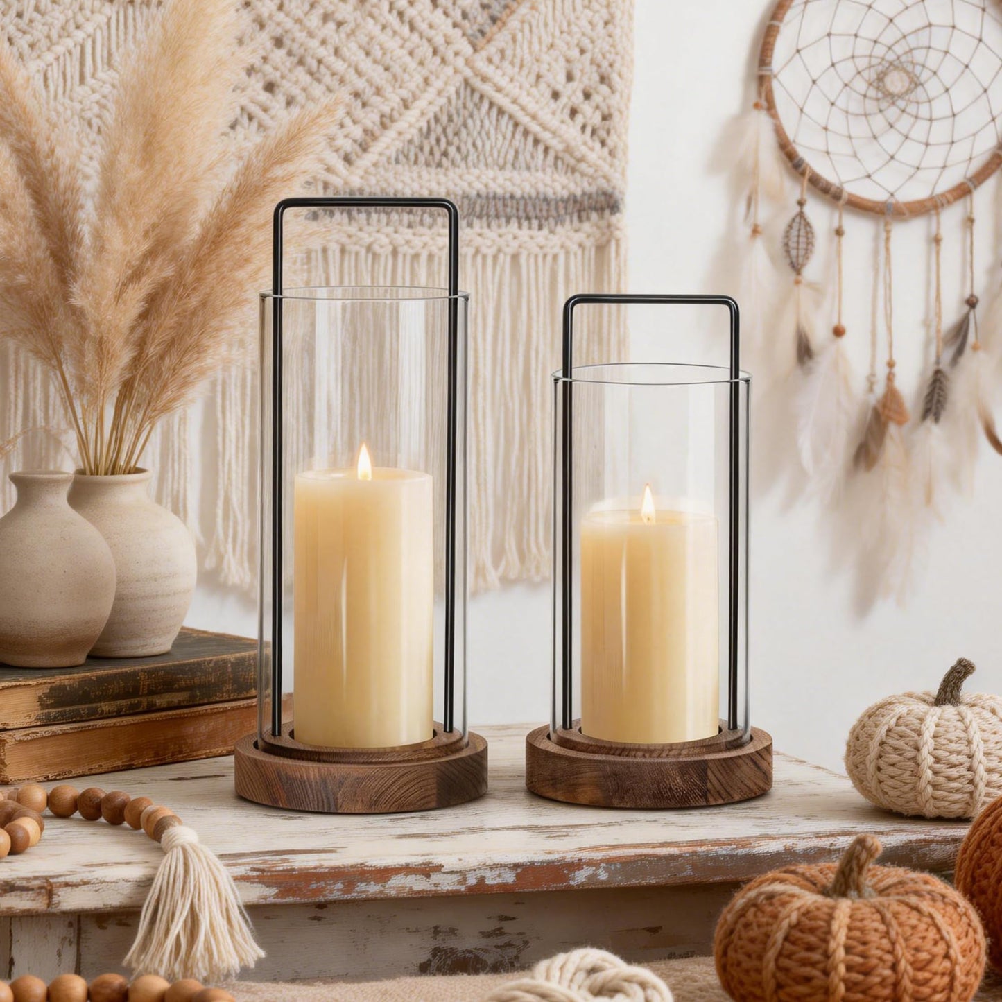 Houmury Farmhouse Candle Holder Decor Boho Glass Hurricane Lantern for Table Centerpieces Set of 2 Decorative Wood Metal Candle Holders for Living Room Dining Patio Home Decoration (Brown)