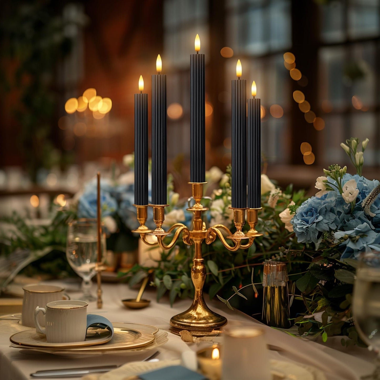 West Ivory 12 Pack, 10" LED Flameless Black Fluted Ribbed Grooved Taper Candles, Remote & 24h Timer Memory, On/Off Button, Dimmable, Flicker Mode, Battery Operated, Christmas Menorah Wedding
