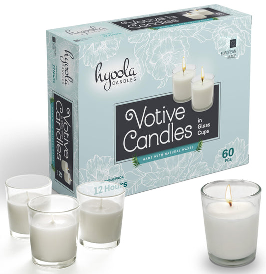 Hyoola White Votive Candles in Glass - Pack of 60 Votive Candle - 12 Hour Burn Time - Unscented Votive Candles - European Made Glass Votives