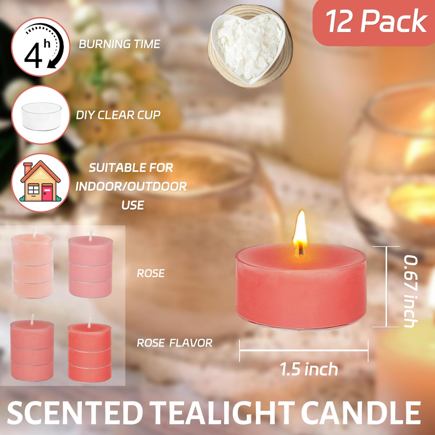 Rose Scented Tea Light Candles 12 Pack Gradient Pink Hand Poured Smokeless 4 Hours Clean Burning Small Round Tealight Candles for Mother's Day Meditation Romantic Dinners Wedding Cozy Evenings