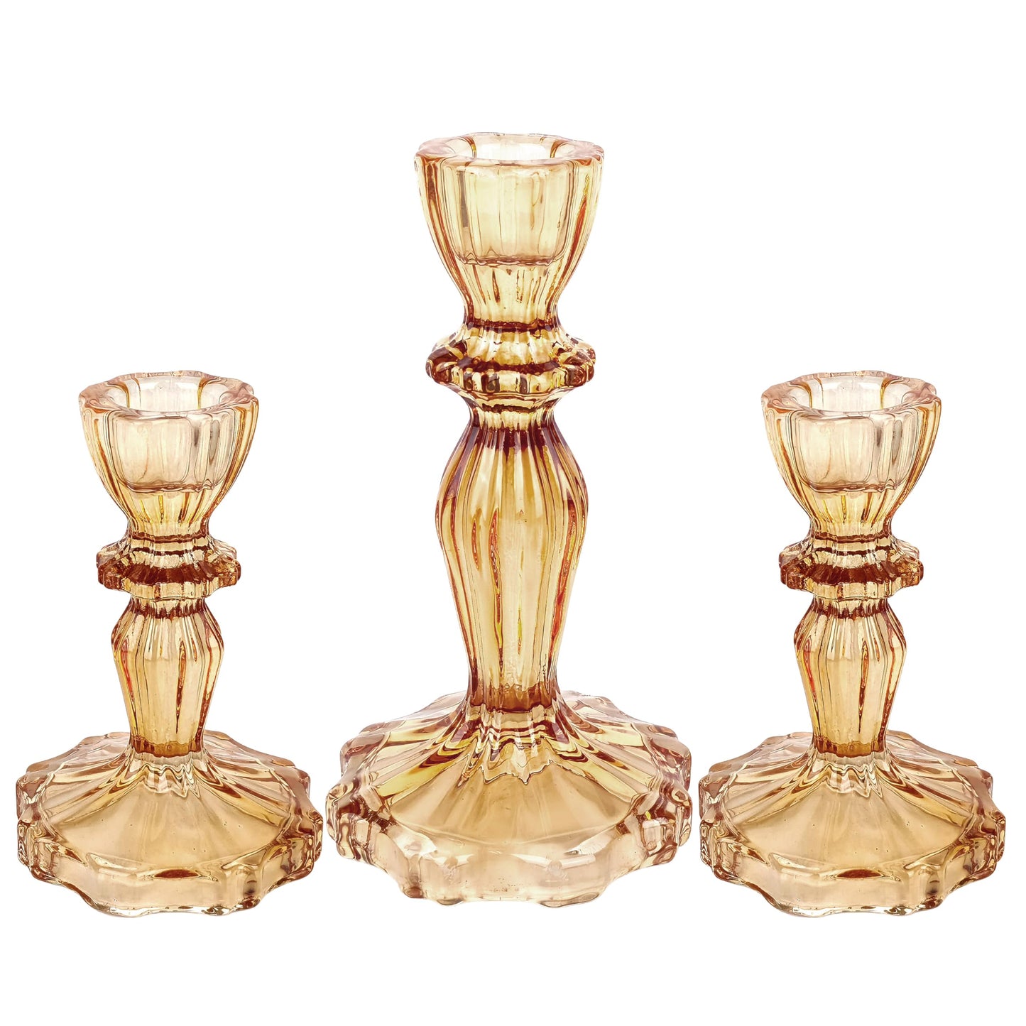 CHOCSTAY Glass Candlestick Holders Set of 3, Amber Stripe Taper Candle Holders for Table Centerpiece, Home Decorations, Wedding and Party