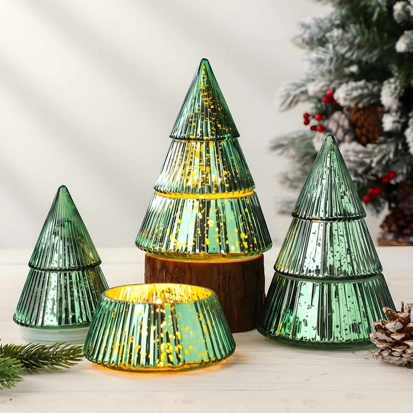 Vesici 3 Pcs 10 oz Christmas Tree Glass Candle Jars Mercury Glass Tree Decorative Xmas Empty Containers Bulk Refillable Storage for Christmas Holiday Candle Making Tea Biscuits Party Favors(Green)