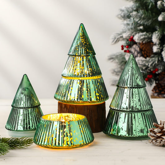 Vesici 3 Pcs 10 oz Christmas Tree Glass Candle Jars Mercury Glass Tree Decorative Xmas Empty Containers Bulk Refillable Storage for Christmas Holiday Candle Making Tea Biscuits Party Favors(Green)