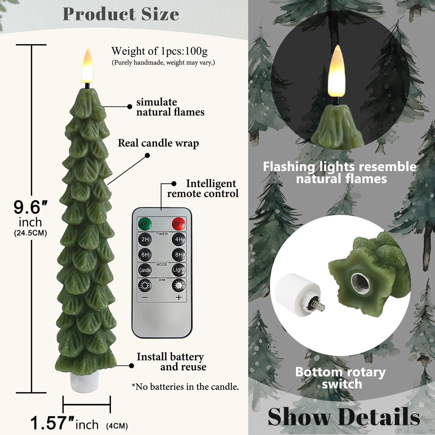 FCMSHAMD Gradient Green Christmas Trees Flickering Flameless Candles with Remote and Timer, Real Wax 3D Flame Wick LED Candles, 9.8 Inch Battery Operated Candles for Christmas Home Decoration，4PCS