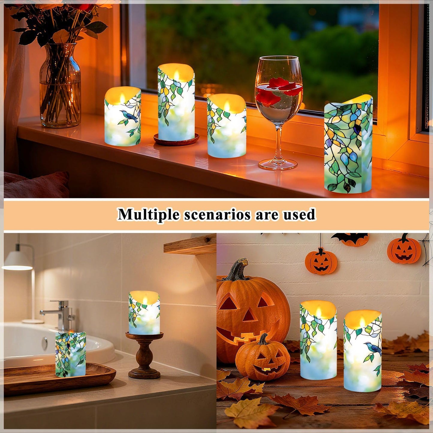 Flameless Candles Set of 2 Bird Leaf Stained Glass Realistic LED Candles with Remote Battery Operated Holiday Decorations