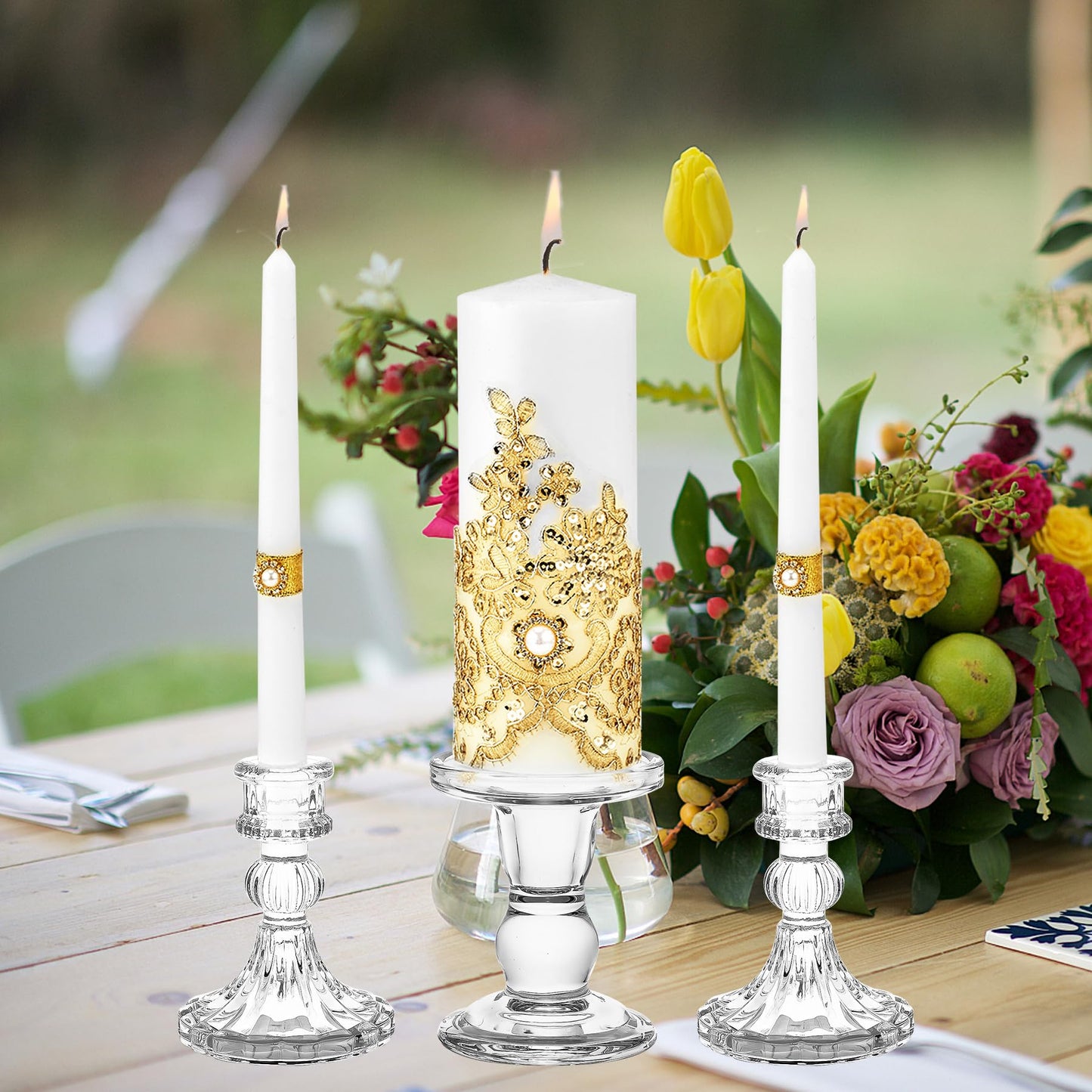 Unity Candle Holder - Glass Candle Holders for Pillar Candles Taper Candles, Glass Candlestick Holders Set of 3, Decorative Clear Glass Candlestick Holder for Wedding Table Dinning Church Centerpiece
