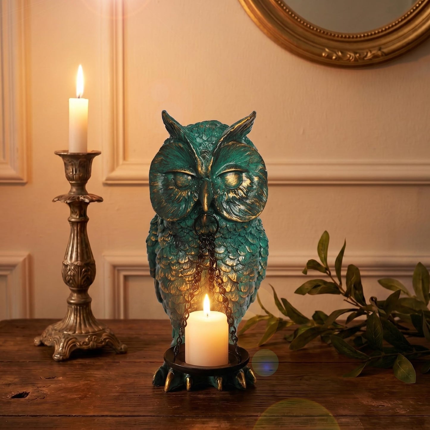 Gothic Home Decor Owl Candle Holder Tealight Stand Resin Statue for Living Room Bedroom Halloween Spooky Ornaments Unique Bird Decor Bronze