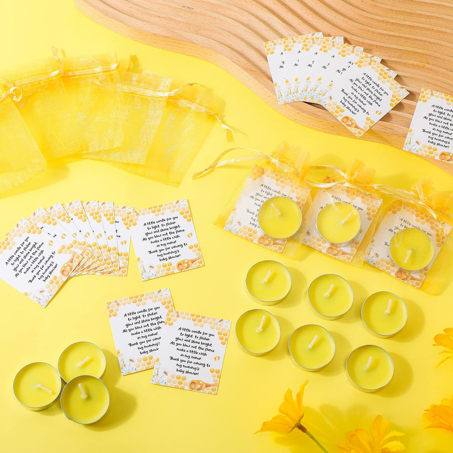 Amyhill Beeswax Tea Light Candle Set - 100 Pieces Unscented Baby Shower Party Favor with Cute Bee Theme - Includes Cards & Organza Bags
